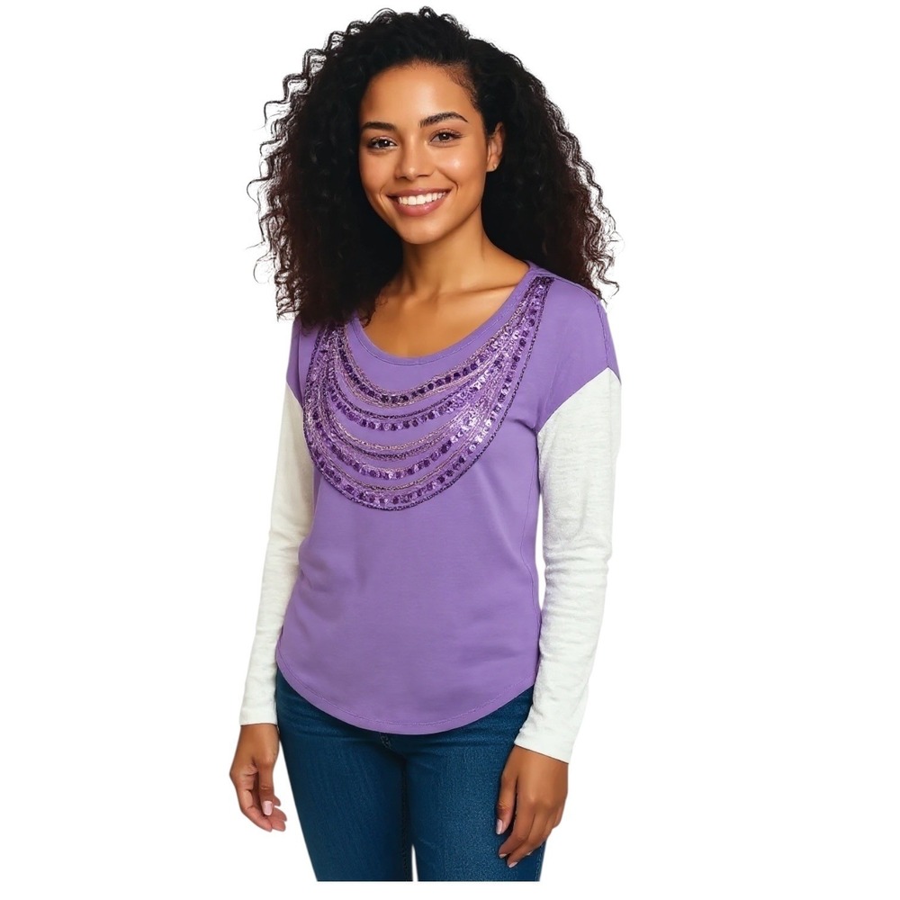 Justice Girls Long‎ Sleeve Purple Shirt Size 18 Sequined Front White Sleeves